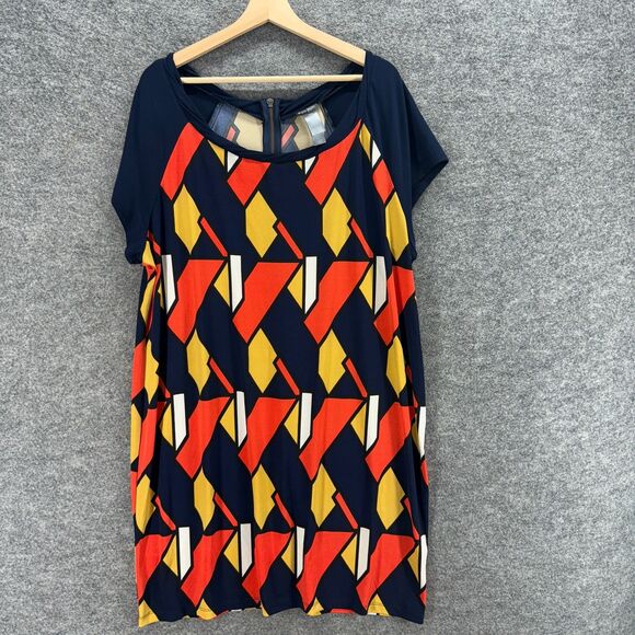 Bisou Bisou Dress Women 20W Plus Blue Geometric Shift Short Zipper Short Sleeve - Picture 1 of 7